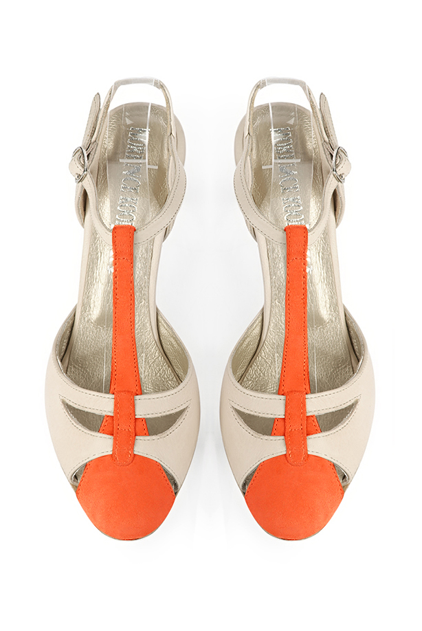 Women's clementine orange and champagne white elegant T-strap closed-toe heels. Round toe. High slim heel - Top view